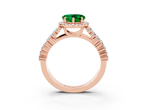 Rose gold Heart Cut Emerald Halo Engagement Ring with Triple Row Round Pavé Band and Prong Setting