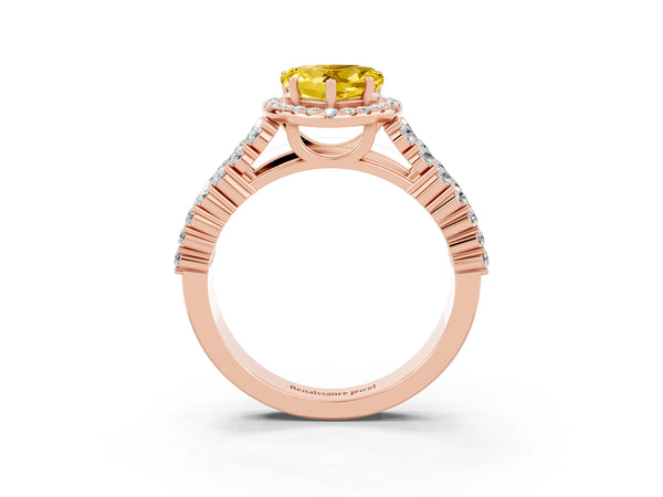 Rose gold Heart Cut Yellow Sapphire Halo Engagement Ring with Triple Row Round Pavé Band and Prong Setting