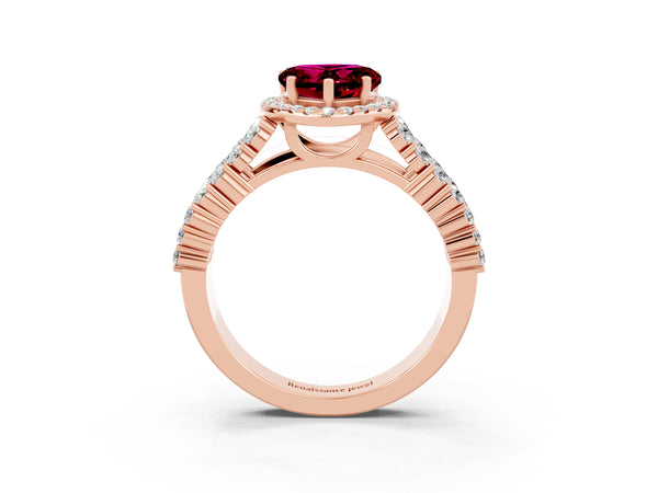 Rose gold Heart Cut Garnet Halo Engagement Ring with Triple Row Round Pavé Band and Prong Setting