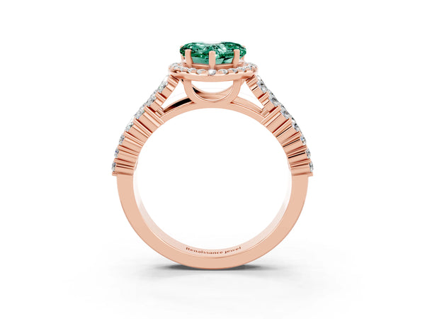 Rose gold Heart Cut Green Sapphire Halo Engagement Ring with Triple Row Round Pavé Band and Prong Setting