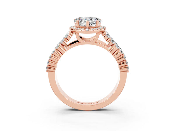 Rose gold Heart Cut Moissanite Halo Engagement Ring with Triple Row Round Pavé Band and Prong Setting