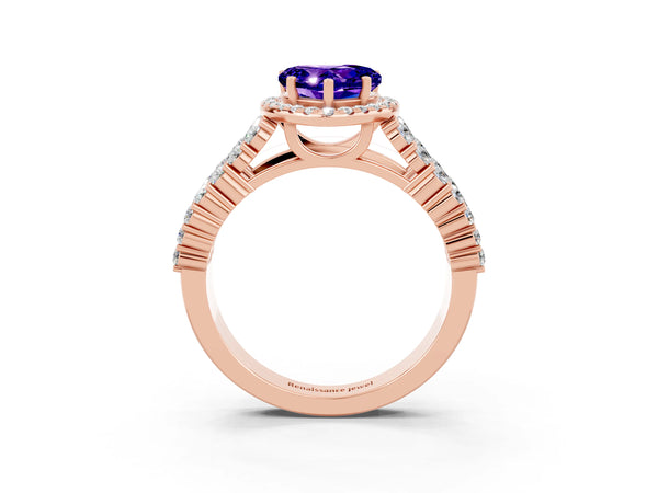 Rose gold Heart Cut Tanzanite Halo Engagement Ring with Triple Row Round Pavé Band and Prong Setting