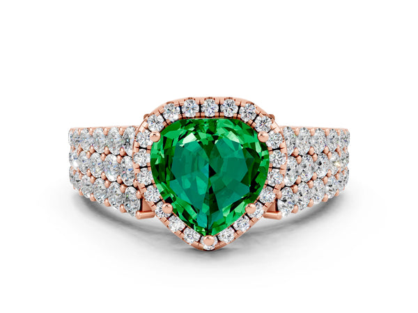 Rose gold Heart Cut Emerald Halo Engagement Ring with Triple Row Round Pavé Band and Prong Setting