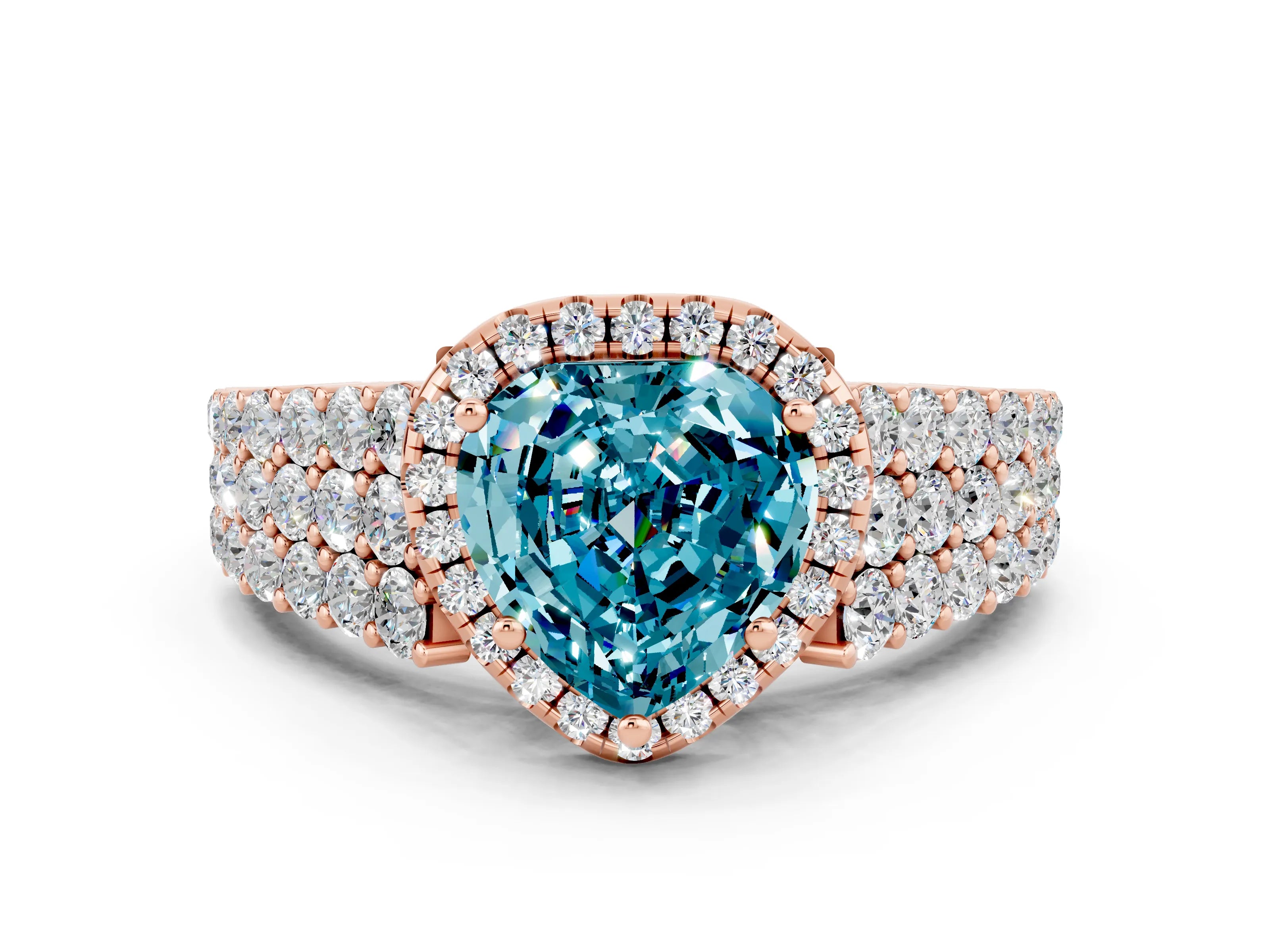 Rose gold Heart Cut Halo Pavé Diamond Engagement Ring with Split Shank and Four-Prong Setting