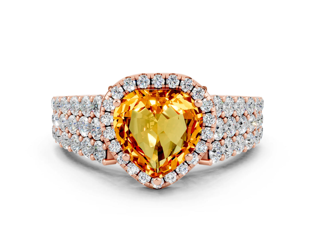 Rose gold Heart Cut Halo Pavé Diamond Engagement Ring with Split Shank and Four-Prong Setting