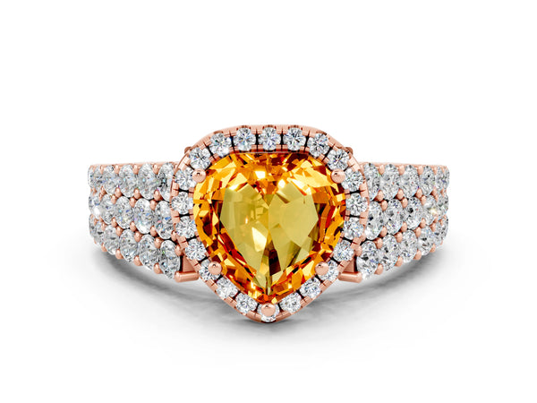 Rose gold Heart Cut Citrine Halo Engagement Ring with Triple Row Round Pavé Band and Prong Setting