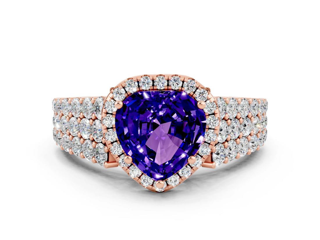 Rose gold Heart Cut Halo Pavé Diamond Engagement Ring with Split Shank and Four-Prong Setting