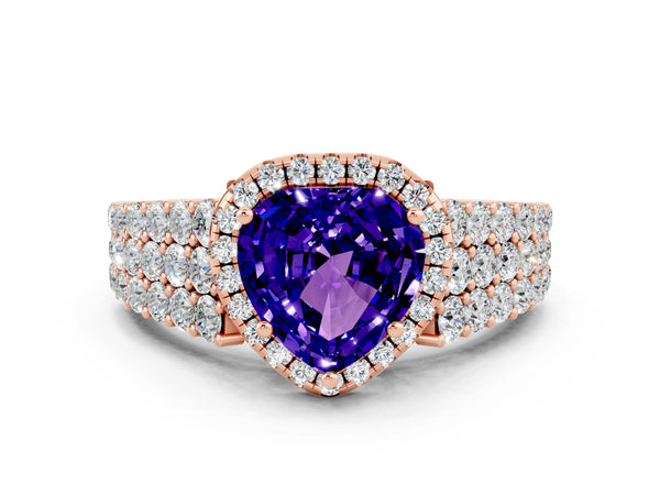 Rose gold Heart Cut Tanzanite Halo Engagement Ring with Triple Row Round Pavé Band and Prong Setting