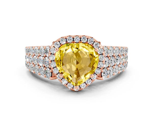 Rose gold Heart Cut Yellow Sapphire Halo Engagement Ring with Triple Row Round Pavé Band and Prong Setting
