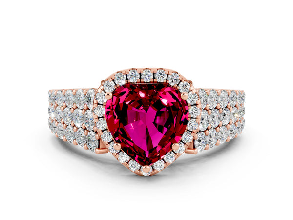 Rose gold Heart Cut Garnet Halo Engagement Ring with Triple Row Round Pavé Band and Prong Setting