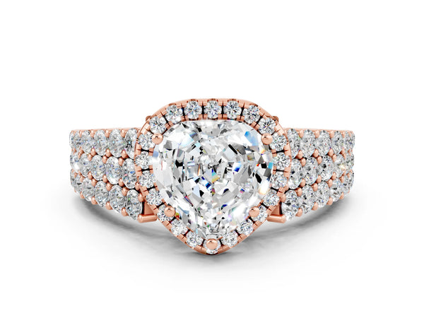 Rose gold Heart Cut Moissanite Halo Engagement Ring with Triple Row Round Pavé Band and Prong Setting