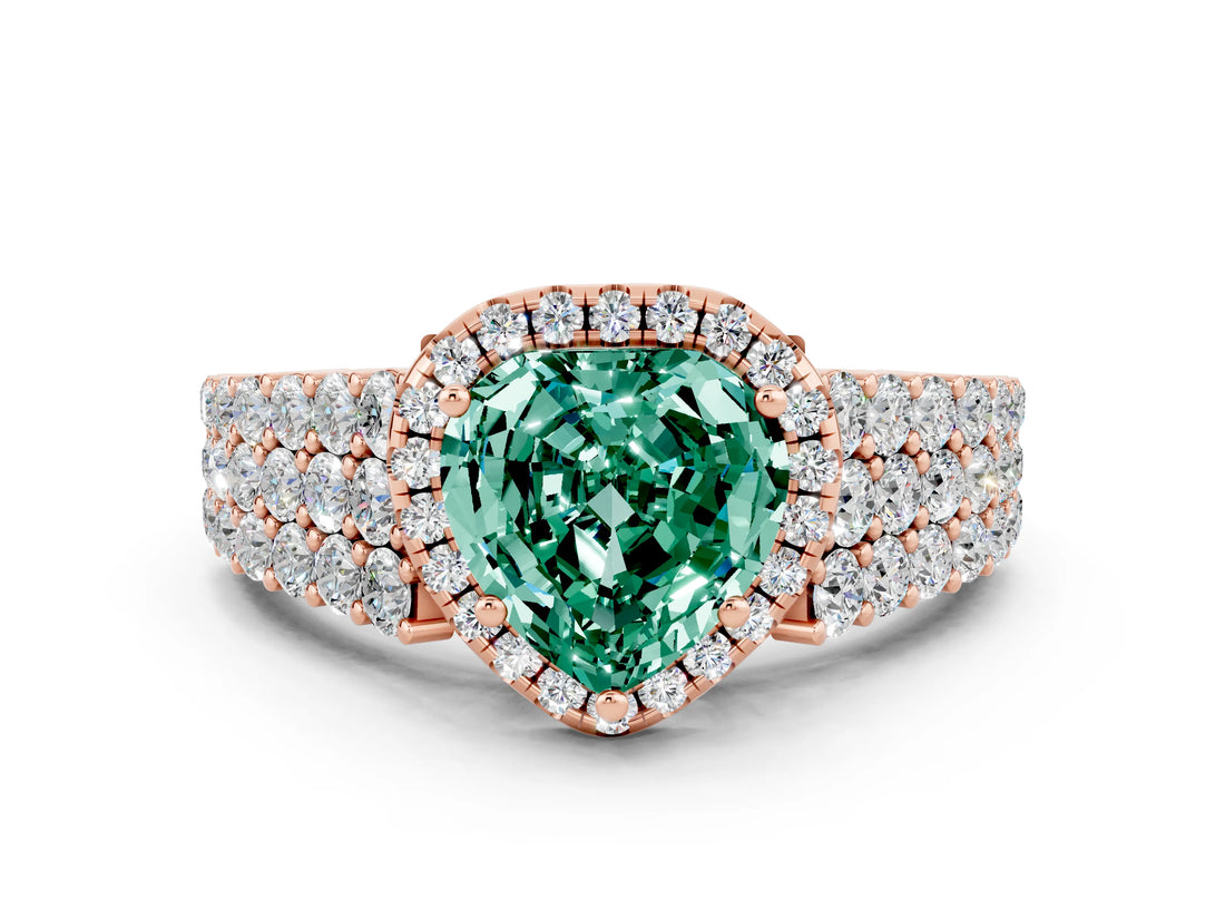 Rose gold Heart Cut Halo Pavé Diamond Engagement Ring with Split Shank and Four-Prong Setting
