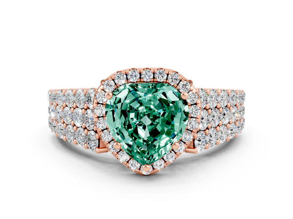 Rose gold Heart Cut Green Sapphire Halo Engagement Ring with Triple Row Round Pavé Band and Prong Setting
