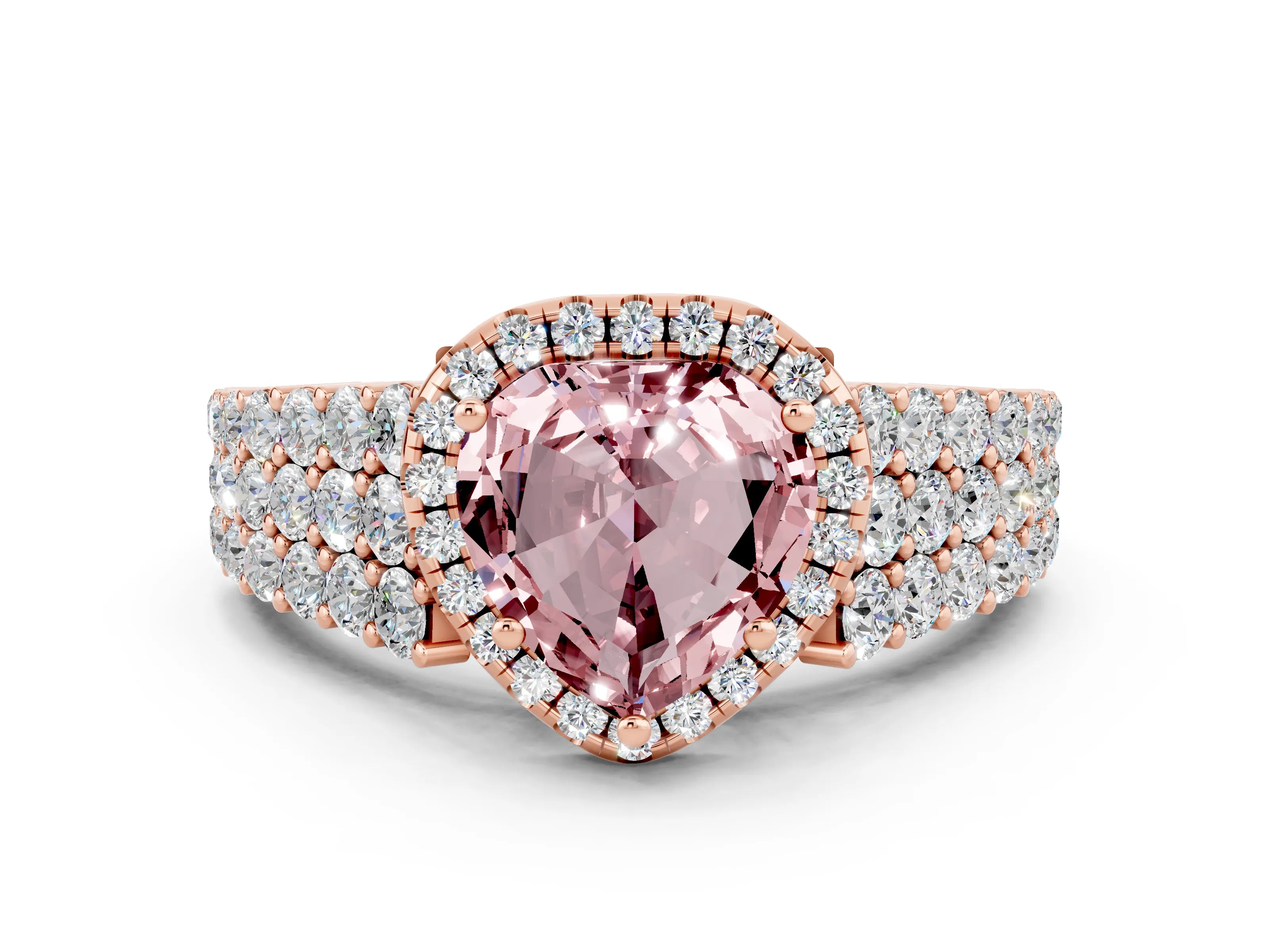 Rose gold Heart Cut Halo Pavé Diamond Engagement Ring with Split Shank and Four-Prong Setting