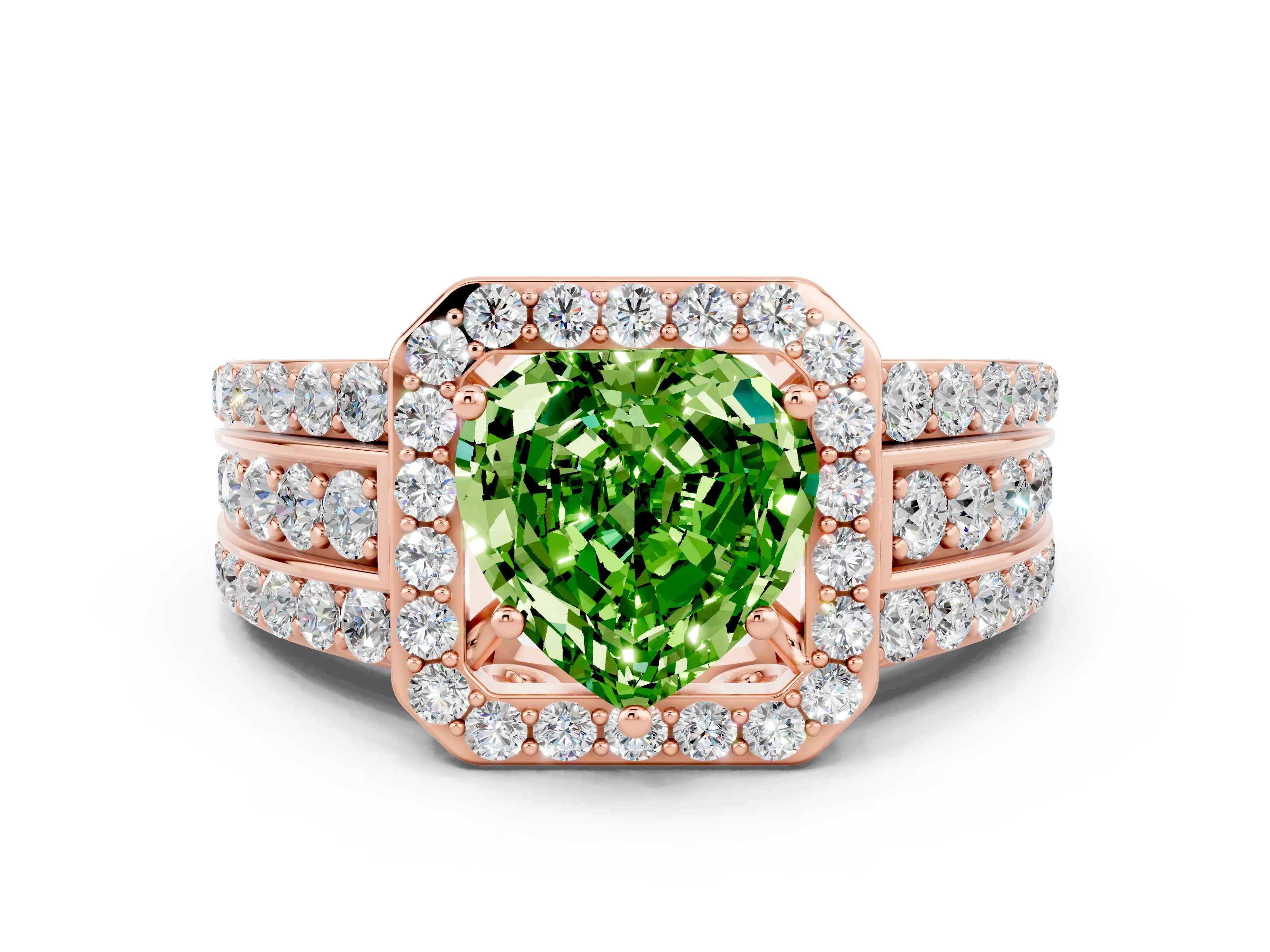 Rose gold Heart Cut Halo Peridot Ring with Split Shank and Four-Prong Setting