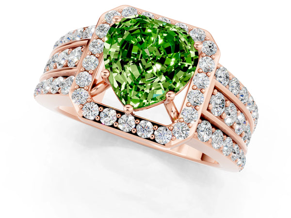 Rose gold Heart Cut Halo Peridot Ring with Round  Split Shank and Prong Setting