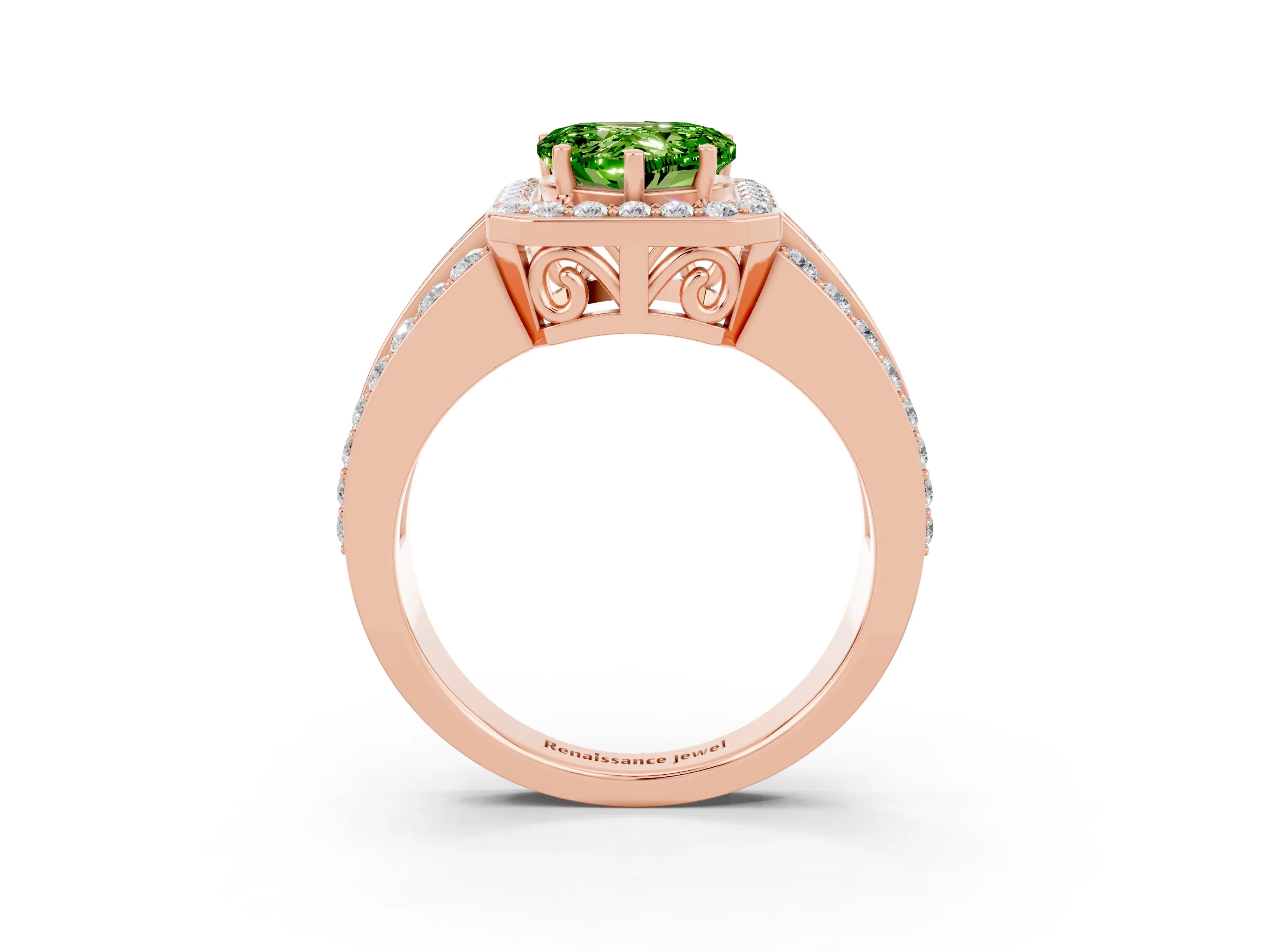 Rose gold Heart Cut Halo Peridot Ring with Split Shank and Four-Prong Setting_3