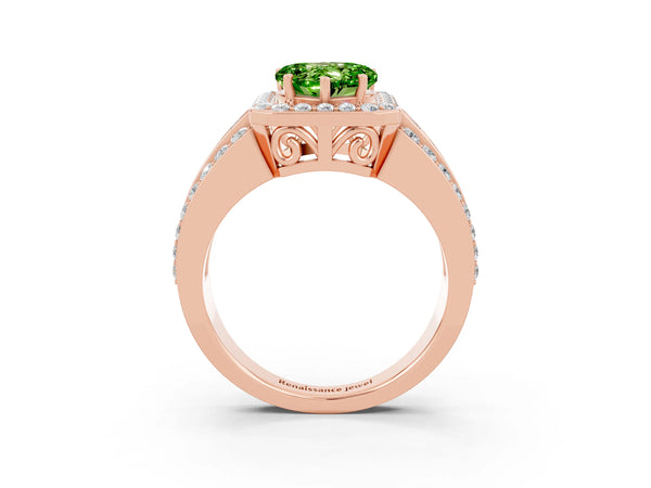Rose gold Heart Cut Halo Peridot Ring with Round  Split Shank and Prong Setting