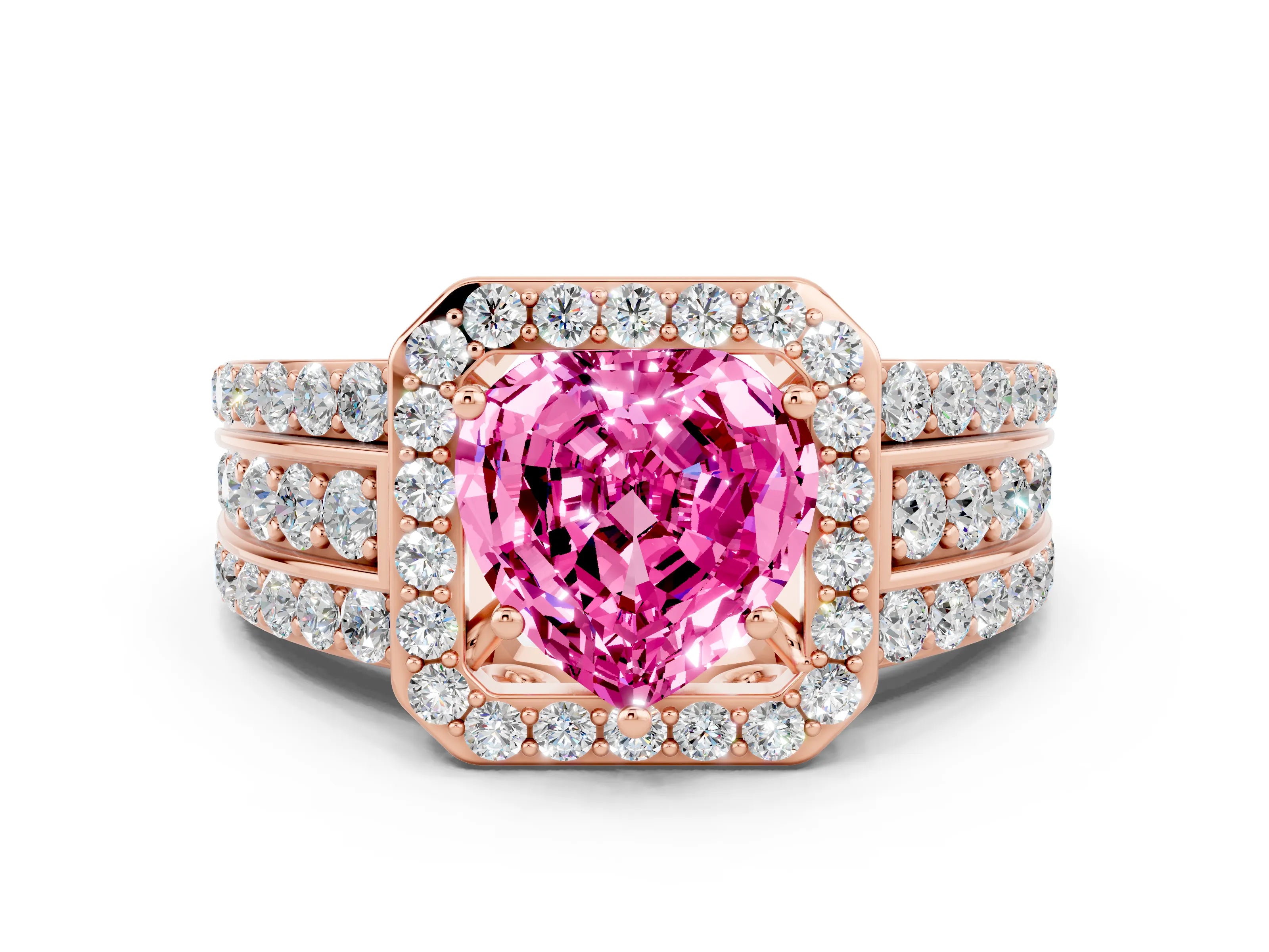 Rose gold Heart Cut Halo Pink Sapphire Ring with Split Shank and Four-Prong Setting_24