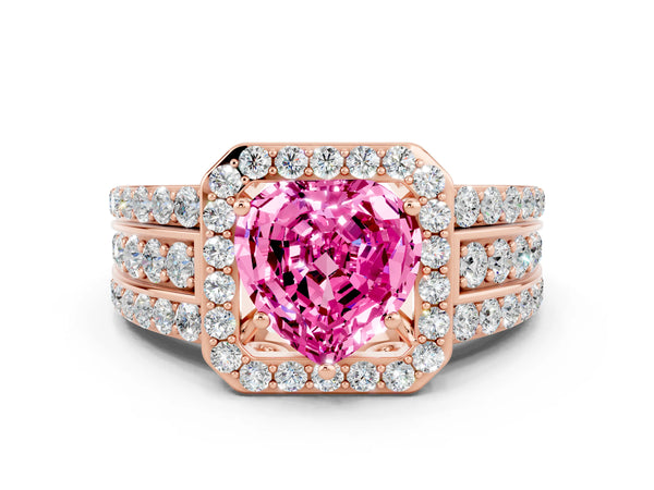 Rose gold Heart Cut Halo Pink Sapphire Ring with Round  Split Shank and Prong Setting
