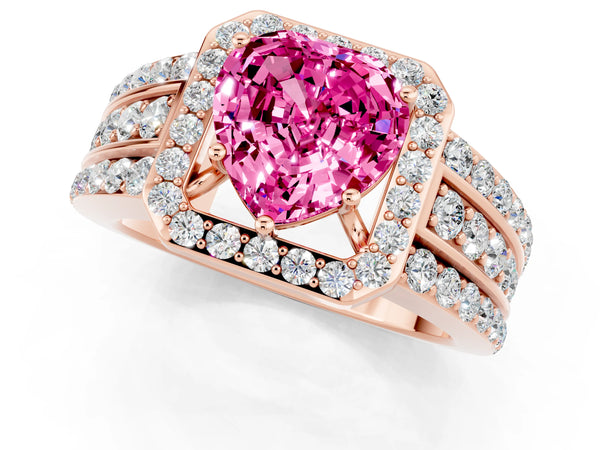 Rose gold Heart Cut Halo Pink Sapphire Ring with Round  Split Shank and Prong Setting