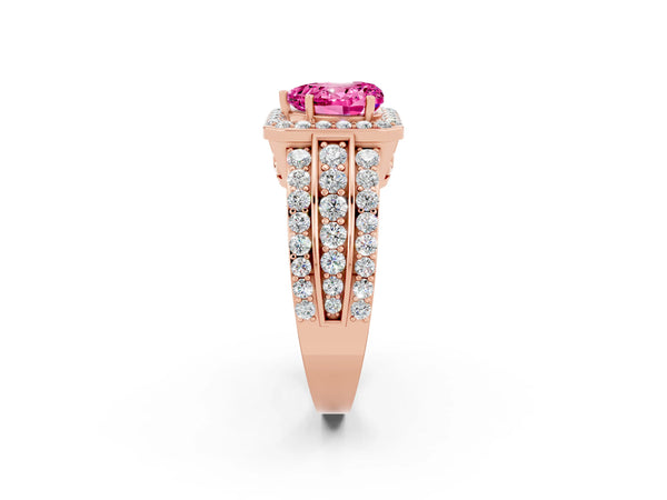 Rose gold Heart Cut Halo Pink Sapphire Ring with Round  Split Shank and Prong Setting