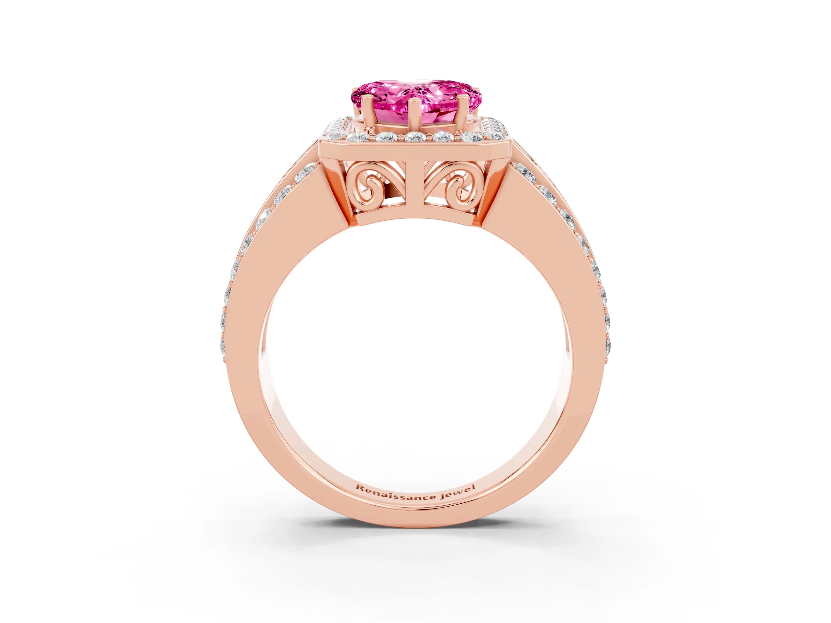 Rose gold Heart Cut Halo Pink Sapphire Ring with Split Shank and Four-Prong Setting_27