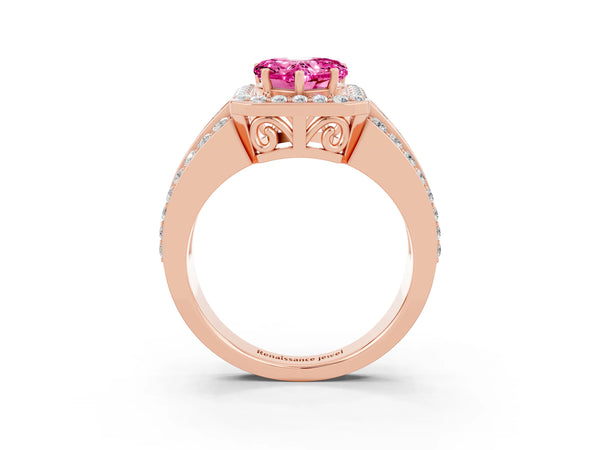 Rose gold Heart Cut Halo Pink Sapphire Ring with Round  Split Shank and Prong Setting