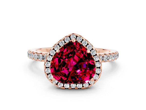 Rose gold Heart Cut Garnet Halo Ring with Round Pavé Band and Prong Setting