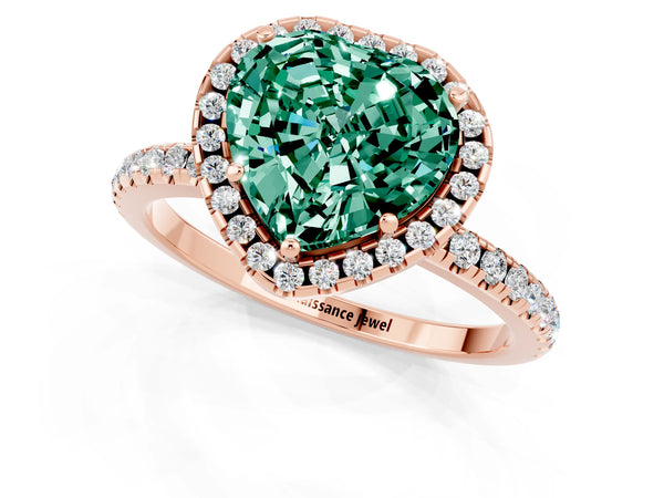Rose gold Heart Cut Green Sapphire Halo Ring with Round Pavé Band and Prong Setting