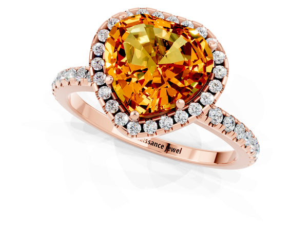 Rose gold Heart Cut Citrine Halo Ring with Round Pavé Band and Prong Setting
