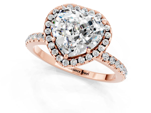 Rose gold Heart Cut Moissanite Halo Ring with Round Pavé Band and Prong Setting