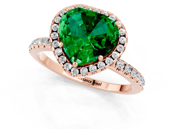 Rose gold Heart Cut Emerald Halo Ring with Round Pavé Band and Prong Setting