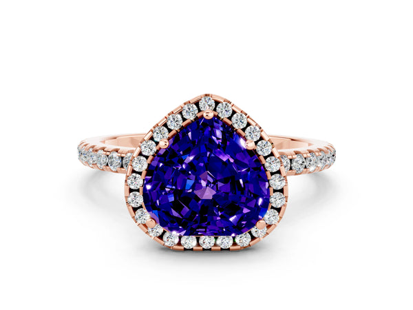 Rose gold Heart Cut Tanzanite Halo Ring with Round Pavé Band and Prong Setting