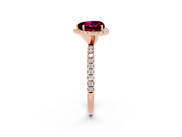 Rose gold Heart Cut Garnet Halo Ring with Round Pavé Band and Prong Setting