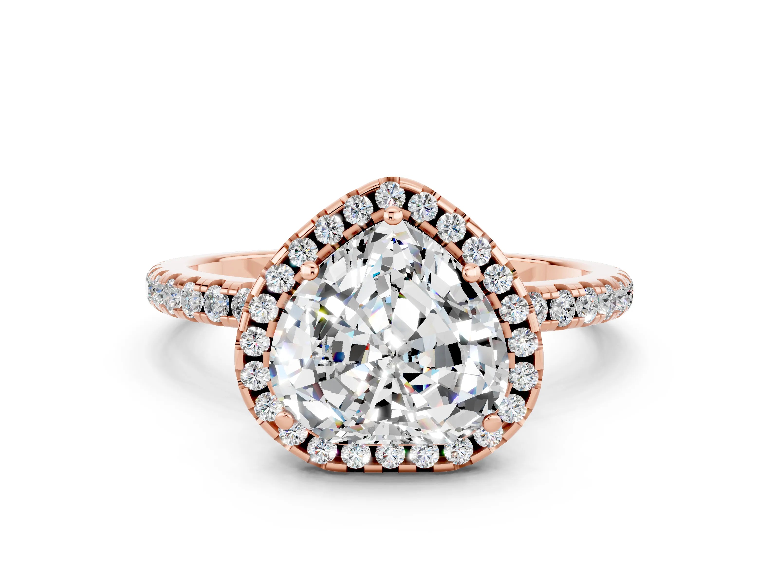 Rose gold Heart Cut Halo Round Diamond Pavé Band Four-Prong Ring