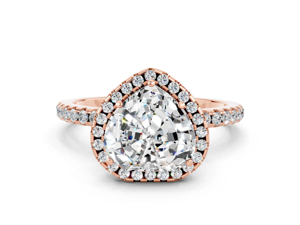 Rose gold Heart Cut Moissanite Halo Ring with Round Pavé Band and Prong Setting