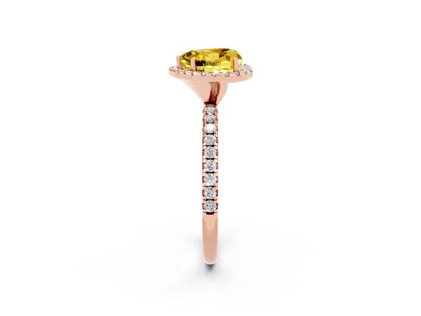 Rose gold Heart Cut Yellow Sapphire Halo Ring with Round Pavé Band and Prong Setting