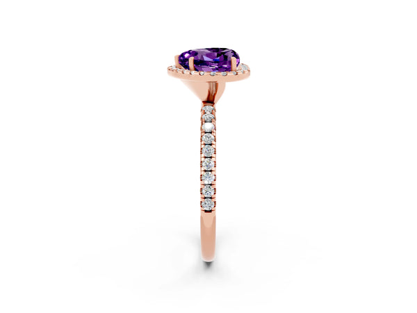 Rose gold Heart Cut Amethyst Halo Ring with Round Pavé Band and Prong Setting