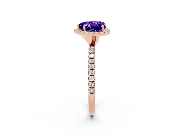 Rose gold Heart Cut Tanzanite Halo Ring with Round Pavé Band and Prong Setting