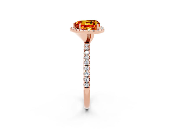 Rose gold Heart Cut Citrine Halo Ring with Round Pavé Band and Prong Setting
