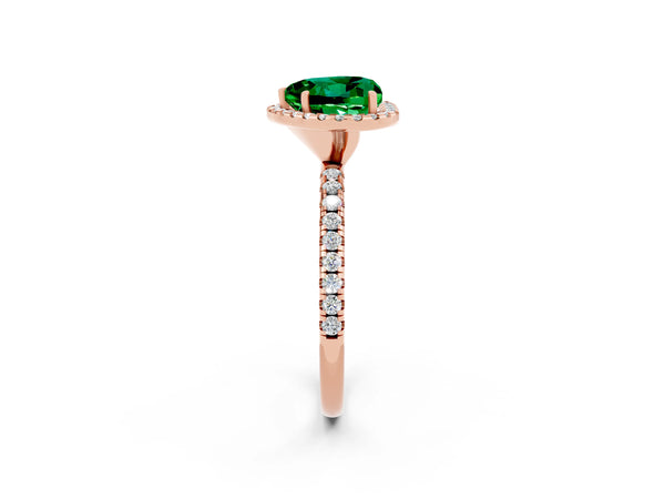 Rose gold Heart Cut Emerald Halo Ring with Round Pavé Band and Prong Setting
