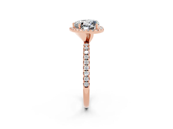 Rose gold Heart Cut Moissanite Halo Ring with Round Pavé Band and Prong Setting