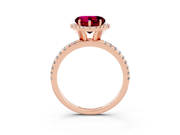 Rose gold Heart Cut Garnet Halo Ring with Round Pavé Band and Prong Setting