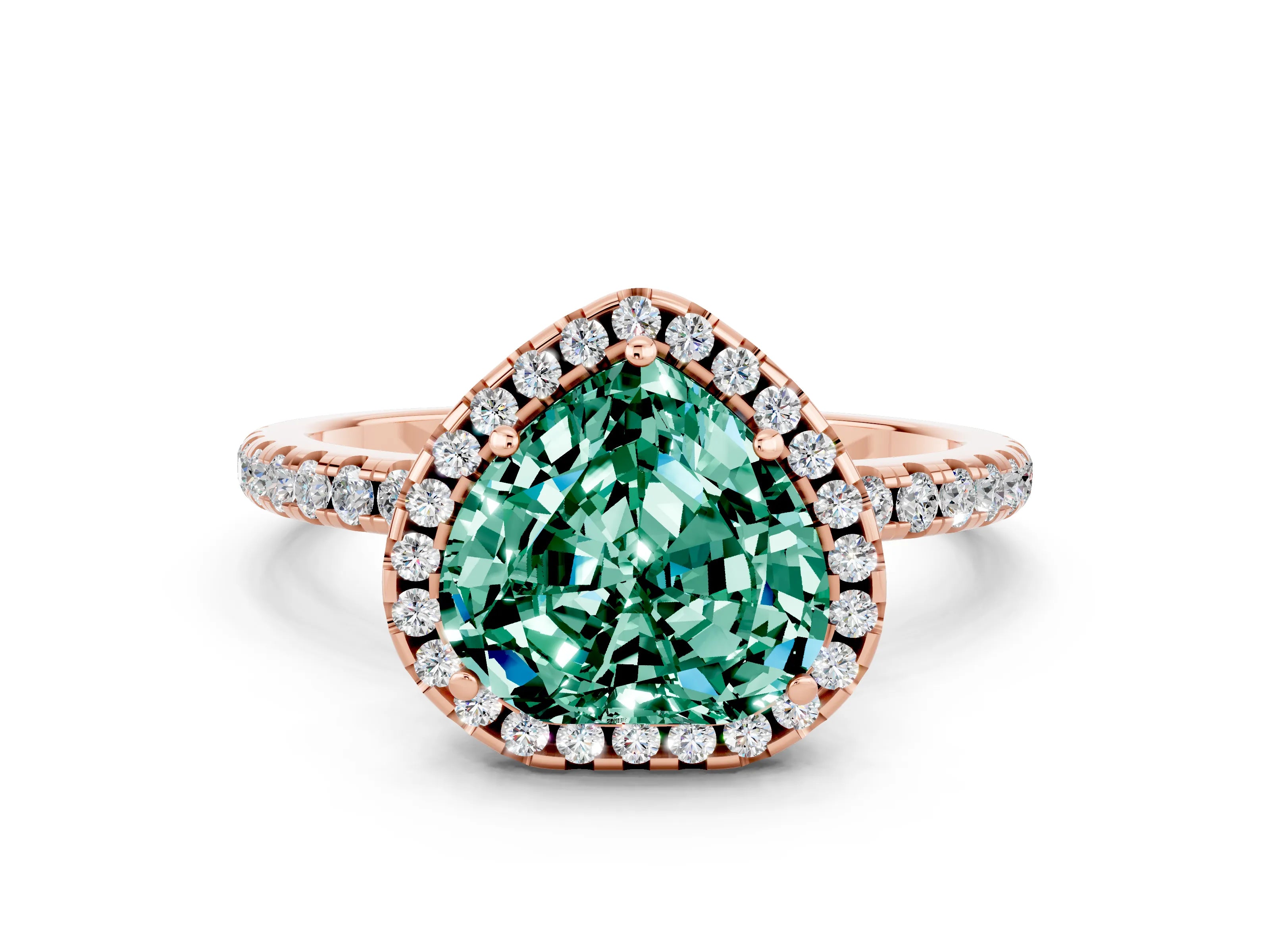 Rose gold Heart Cut Halo Round Diamond Pavé Band Four-Prong Ring
