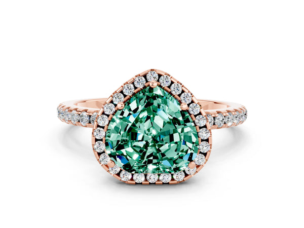 Rose gold Heart Cut Green Sapphire Halo Ring with Round Pavé Band and Prong Setting