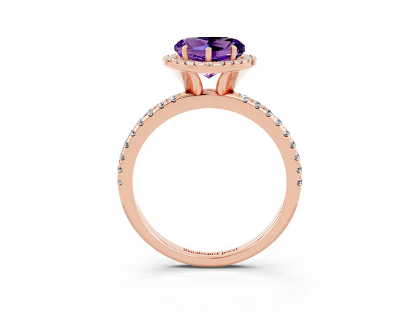 Rose gold Heart Cut Amethyst Halo Ring with Round Pavé Band and Prong Setting