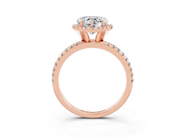 Rose gold Heart Cut Moissanite Halo Ring with Round Pavé Band and Prong Setting