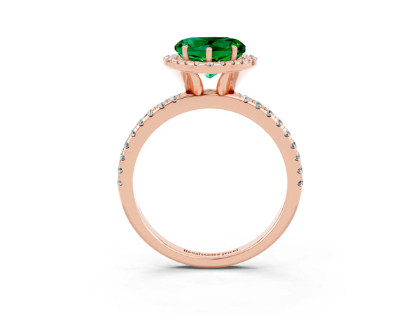 Rose gold Heart Cut Emerald Halo Ring with Round Pavé Band and Prong Setting