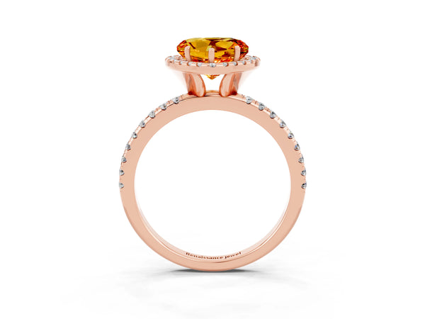Rose gold Heart Cut Citrine Halo Ring with Round Pavé Band and Prong Setting
